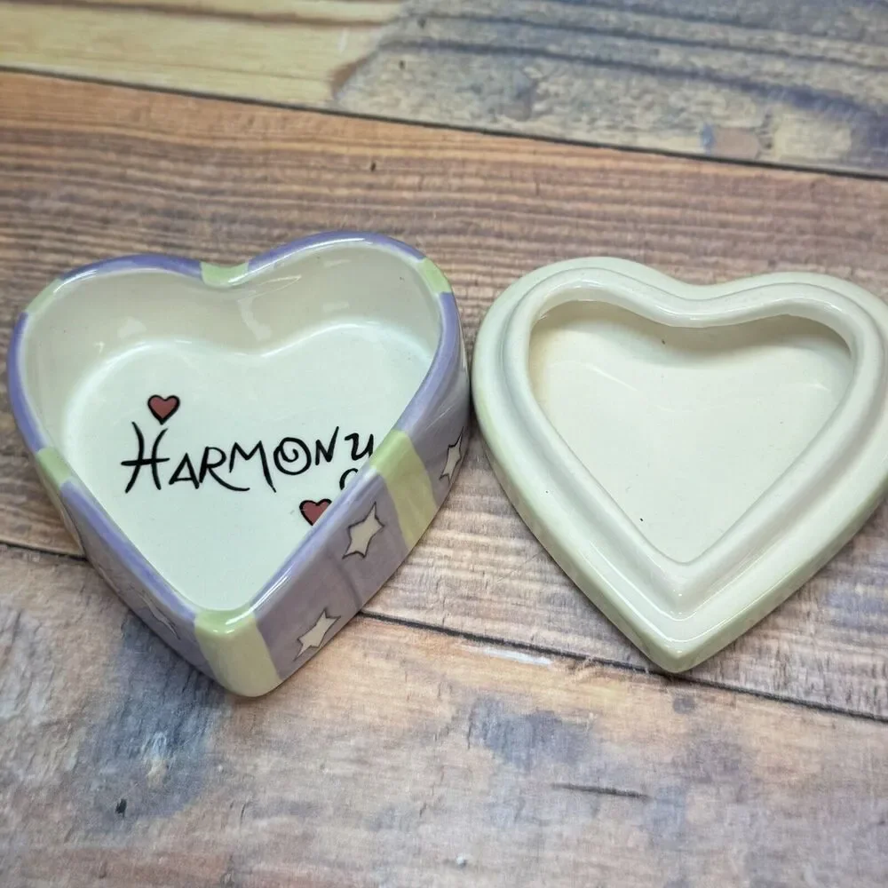 Russ Berrie Angel Painted Heart Shaped Ceramic‎ Trinket Jewelry Box Harmony
